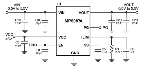 Schematic - Monolithic Power Systems (MPS) EV5087A-G-00A Load Switch Evaluation Board